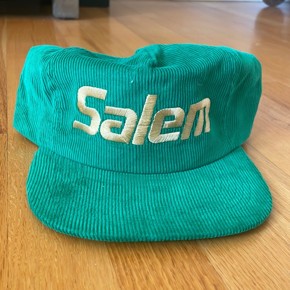 VTG 80s Salem Cigarettes Corduroy Green Gold Trucker Hat Snapback Retro Cap